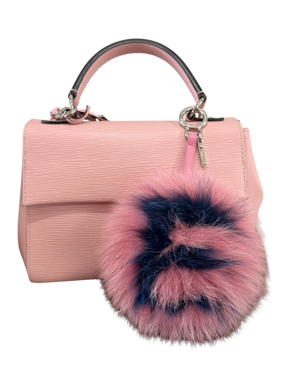 Authentic Fendi ABC Letter E Fox Fur Pom Pom Bag Charm Pink Navy Made in Italy